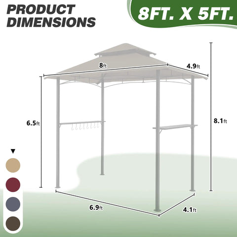 Dimensions of 8x5 Ft Outdoor Grill Gazebo With Double Roof Canopy And LED Lights, side shelves, brown steel frame for backyard.