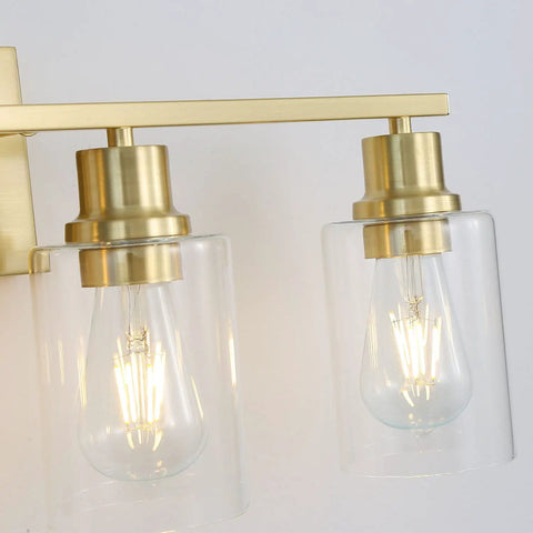 Three Light Sleek Gold Brushed Brass Vanity Light Fixture With Clear Glass Shade For Modern Bath Wall Hallway Bedroom And Living Room Bulbs Not Included