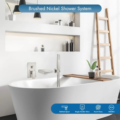 Wall Mount Waterfall Tub Faucet With Handheld Sprayer And Single Handle Lever Rough-In Valve Shower Diverter Kit in brushed nickel above bathtub.