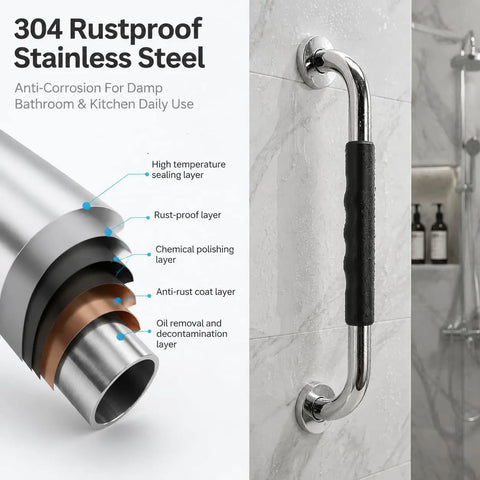 Rock Solid Stainless Steel Shower Grab Bars Two Pack With Thick Silicone Anti Slip Sleeve That Cradles Your Hand For Totally Secure Bathroom Safety Rails And Zero Sweat Grip, showcasing rustproof features and silicone grip.