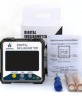Top Tier Magnetic Digital Angle Finder And Protractor Inclinometer With Bright Backlit Screen, displayed with user manual and batteries.