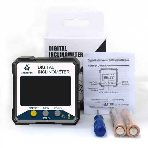 Top Tier Magnetic Digital Angle Finder And Protractor Inclinometer With Bright Backlit Screen, displayed with user manual and batteries.