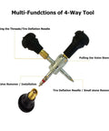 4-way tool with tire deflation needle, valve stem puller, and thread cleaner for All In One Spare Tire Tool Kit With Jack Handle And Lug Wrench.
