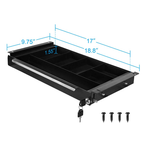 Slick Under Desk Pull Out Drawer With Lock Smooth Glide Metal Slide Organizer Tight Office Storage Solution Featuring Noiseless Rolling Tracks And Divided Compartments For Keeping Your Workspace Chill And Tidy, showing dimensions and key features.