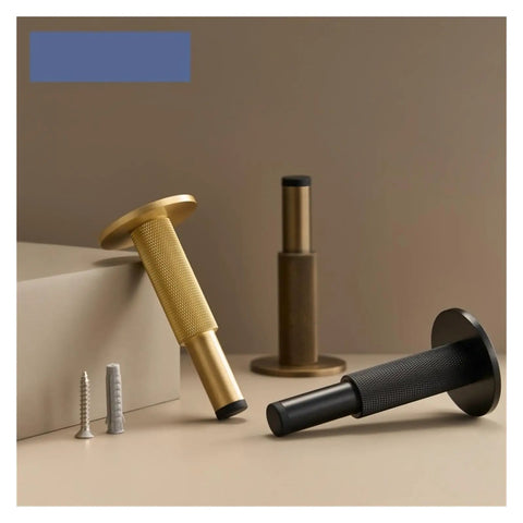 Heavy Duty Brass Door Stopper With Knurled Texture For Floor Wall Mount, Solid Metal Bumper Keeps Doors Open Securely While Adding Chic Retro Style To Your Home, displayed with screws.