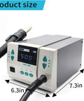 High Power 1000W Hot Air Rework Station With Auto Sleep, 110V Digital LCD Display, dimensions shown, 7 nozzles visible