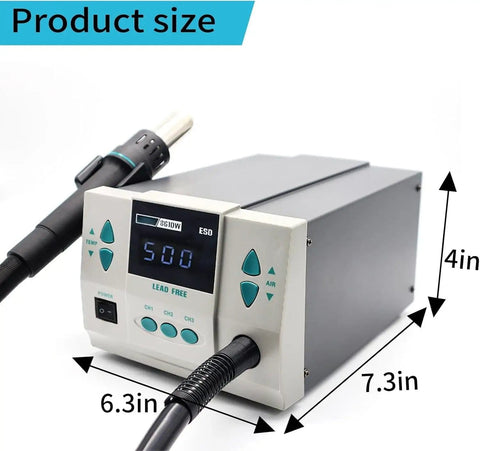 High Power 1000W Hot Air Rework Station With Auto Sleep, 110V Digital LCD Display, dimensions shown, 7 nozzles visible