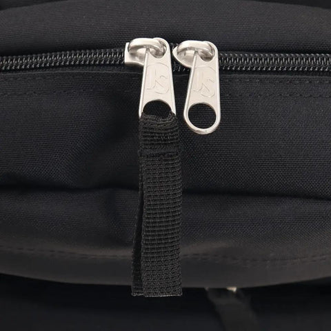 Close-up of the Union Pack Black Water Resistant Backpack With Laptop Compartment And Dual Water Bottle Pockets zipper detail