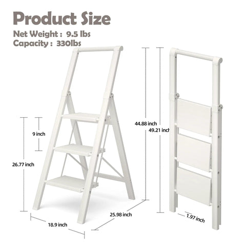Aluminum 3 Step Foldable Ladder With U Shaped Handgrip Lightweight Home Utility Stool For Kitchen Garage Garden Indoor Outdoor Use Reach High Shelves And Cabinets 44.88 inch tall, 330 lb capacity
