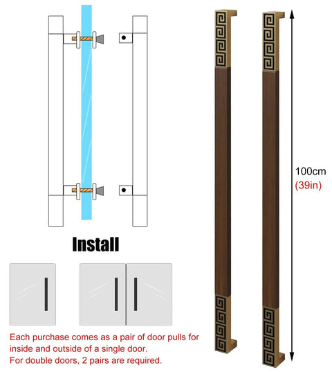 Solid Wood Barn Door Handle For Sliding Doors, Rectangle Front Door Pull With Screws, Exterior And Interior Push Pull Handle, Single Or Double Sided Install, Style2 39 Inch Length shown with installation example and dimensions.