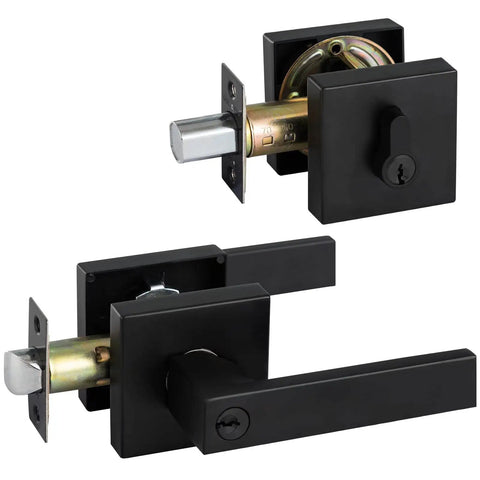 3 Pack Matte Black Front Door Lock Set With Heavy Duty Handles, Single Cylinder Deadbolt And Keyed Entry, showcasing lock components
