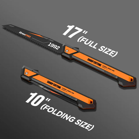 Folding Pruning Saw With 7 Inch SK5 Steel Blade Triple Ground 7TPI Teeth 3 Angle Lock Non Slip Handle Portable Hand Saw For Tree Trimming Camping Gardening Landscaping shown in full and folded sizes