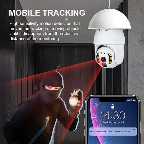 Light Bulb Security Camera 2K 4MP Outdoor Waterproof With 360 Degree View, motion detection demo with phone app display