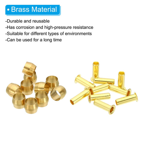 Front view of brass compression sleeves and ferrules for 1/4 in OD hose; 20-pack.