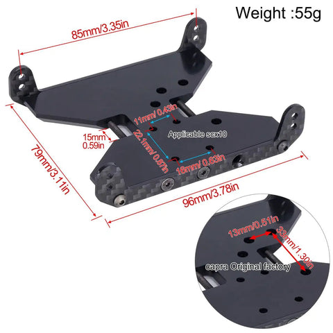 Carbon Fiber And Delrin Chassis Skid Plate And Transmission Plate For One Tenth RC Crawler Capra 1.9 UTB with dimensions shown