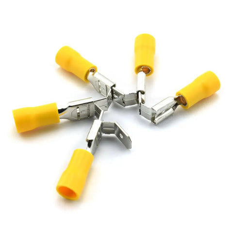 Yellow terminals from the 30 Pc Crimp Terminal Connector Kit With Wire Spade Quick Splice PVC Semi Insulated Piggy Back Terminals In AWG Sizes 12-10.