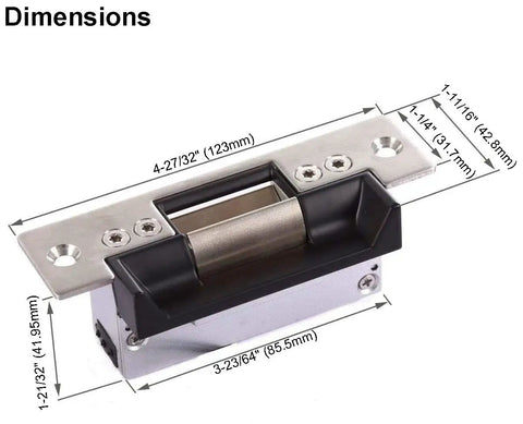 Heavy Duty Electric Strike Lock For Door Access Control Systems, Fail-Secure If Power Drops, ANSI Standard, dimensions shown