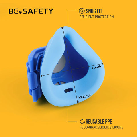 Reusable Half Face Respirator Mask With 6 Filter Pads 2818 Food Grade Silicone Dust Mask For Painting Cleaning Sanding Blue Comfortable Fit And Gas Vapor Protection Compatible With Activated Carbon Cartridges, front view showing dimensions
