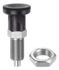 Top Tier Push Fit Ball Nose Spring Plunger Forged From Heavy Duty Stainless Steel With M16x1.5 Threads And A Snappy 1.02 Inch Stroke, with black knob and steel nut.
