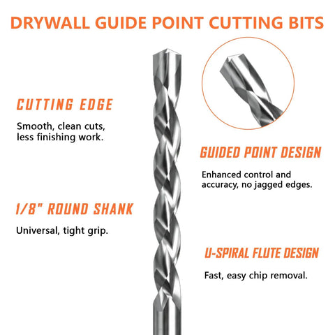Heavy Duty 1/8 Inch Spiral Drywall Router Bits, Rock Solid M2 High Speed Steel Drill Cutters With Guide Pin detailed view.