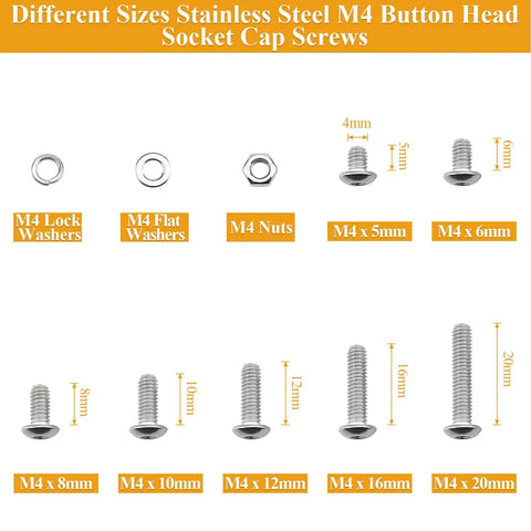 Different sizes of Top Shelf M4 Screw Nut Washer Assortment Kit with stainless steel fasteners for various uses