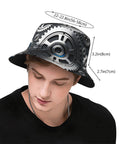 Fresh Unisex Black Bucket Hat With Dope Graphic Print And Super Lightweight Breathable Polyester Twill Fabric Easy Foldable Sun Hat For Chill Outdoor Vibes, shown on a model, featuring a graphic design with size measurements.