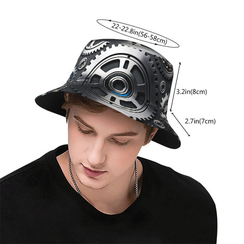 Fresh Unisex Black Bucket Hat With Dope Graphic Print And Super Lightweight Breathable Polyester Twill Fabric Easy Foldable Sun Hat For Chill Outdoor Vibes, shown on a model, featuring a graphic design with size measurements.