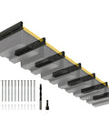 Overhead Garage Ceiling Storage Rack System For 6 Bins Heavy Duty Powder Coated Tote Shelving Set For Garages Sheds Storerooms 7 Pieces Bins Not Included shown with hardware