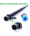 Close-up of 50 Pack Drip Emitters With Stakes, Fan Shaped 360 Degree Sprayer, easy to disassemble, with black and blue components