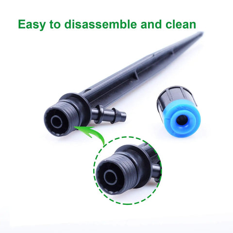 Close-up of 50 Pack Drip Emitters With Stakes, Fan Shaped 360 Degree Sprayer, easy to disassemble, with black and blue components