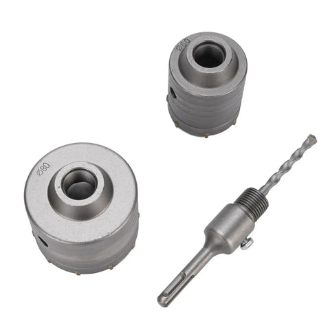 Get The Heavy Duty Hole Saw Kit With Rock Solid Tungsten Steel Built Tough To Blast Through Brick Cement And Concrete Like A Boss For Those Big 60mm and 80mm Jobs That Need Serious Grit And Precision Without Getting Clogged Up By Dust., 60mm and 80mm tungsten steel hole saw kit with SDS drill bit