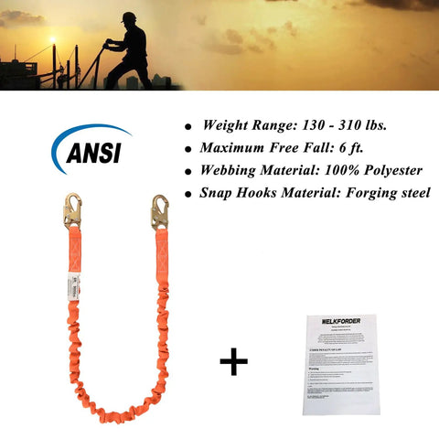 6 Foot Internal Shock Absorbing Restraint Lanyard With Double Forging Snap Hook Connectors and ANSI Z359.13 compliance details