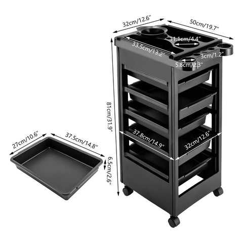 Professional 5 Tray Salon Rolling Cart With Smooth Gliding Wheels And Heaps Of Storage Space For Hair Stylists, showing dimensions and design.