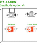 Diagram showing wall and ceiling installation options for Red LED Exit Sign With Emergency Lights, Dual Adjustable Head Battery Backup.
