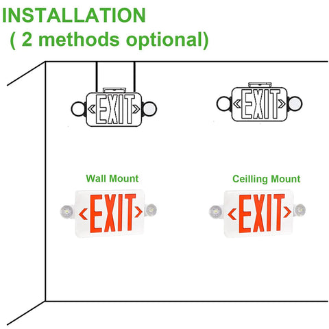 Diagram showing wall and ceiling installation options for Red LED Exit Sign With Emergency Lights, Dual Adjustable Head Battery Backup.