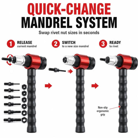 Quick-change mandrel system of Pro Grade Electric Rivet Gun Adapter Kit for Drills M3 to M10 with ergonomic grip