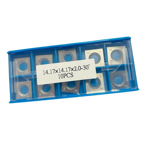 Pack of 10 premium solid tungsten carbide square insert blades, 14.17x14.17x2 mm, for woodworking and jointer heads.