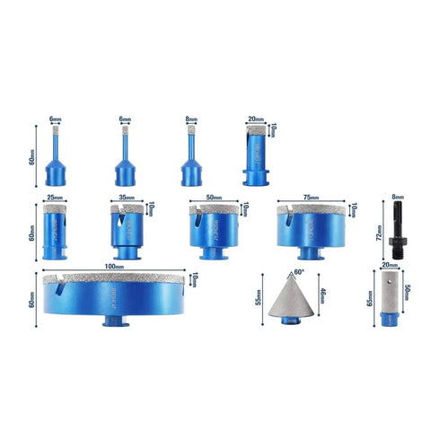 Premium 11Pcs Diamond Tile Hole Saw Set For Angle Grinder Drilling Round Holes In Porcelain Ceramic Marble Countertops Bathroom Tile Pipes And Wires With Smooth 6mm To 100mm Sizes, 6-100mm set