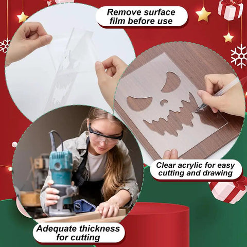 Hands removing film from clear acrylic template and using it for woodworking with router. Grab These Eight Clear Acrylic Router Templates Halloween Pumpkin Face Woodworking Stencils Straight Up Killer Tracing Jigs Durable Diy Craft Patterns To Make Your Creepiest Carvings Yet.
