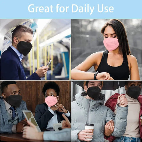 People wearing 60 Pack KN95 Masks With 5 Layer Filtration Cup Design And Adjustable Nose Clip And Ear Loops For Adults