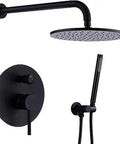Matte Black Shower System With Wall Mount 10 Inch Rainfall Shower Set Pressure Balance Valve Brass Rough In Diverter Valve And Trim Kit