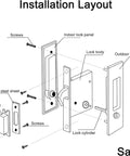 Installation layout for Privacy Pocket Door Lock Hardware For 6.3 Inch Pocket Doors showing lock body, panels, and screws.