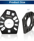 Gearoll stainless steel pinion yoke wrench tool, front view with 2.16 in center hole and slots; side view 0.31 in thick.
