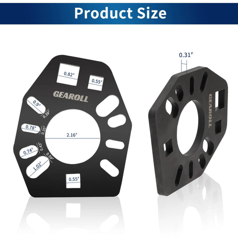 Gearoll stainless steel pinion yoke wrench tool, front view with 2.16 in center hole and slots; side view 0.31 in thick.