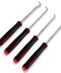 4 Piece Hook And Pick Set For Tight Spaces Precision Automotive Tools with comfort grip and anti-slip shaft on white background.