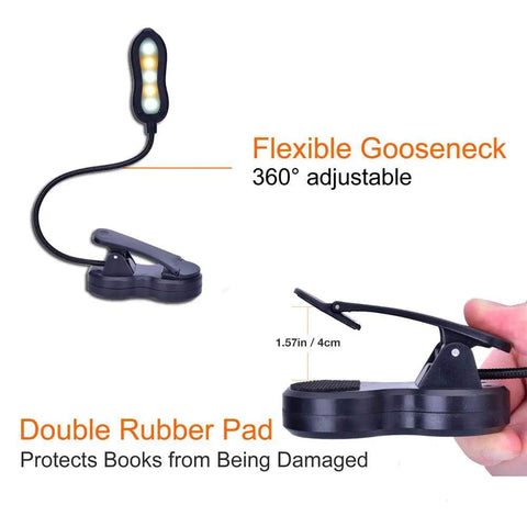 Rechargeable Clip On LED Book Light With Warm Natural Cool White Colors And Nine Brightness Levels For Eye Care Reading Up To 60 Hours Lightweight Portable Ideal For Bookworms, showing flexible gooseneck and clip with double rubber pad.