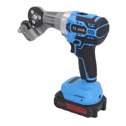 Jauarta 21V Cordless Electric Metal Shear With Rechargeable Battery Rotating Head And Led Light For Cutting Iron Sheet Aluminum, side view.