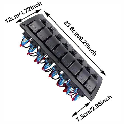 Top view of 8 Gang Switch Panel 12V 24V Waterproof On Off Rocker LED Panel Switch With Breakers For Boat Marine Car Blue Light Durable