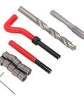Heavy Duty M12 X 1.25 Thread Repair Kit With High Strength HSS Steel Inserts For Damaged Threads, Includes Drill Bits And Taps, Auto Engine Repair Tools With Red Handle; kit parts laid out