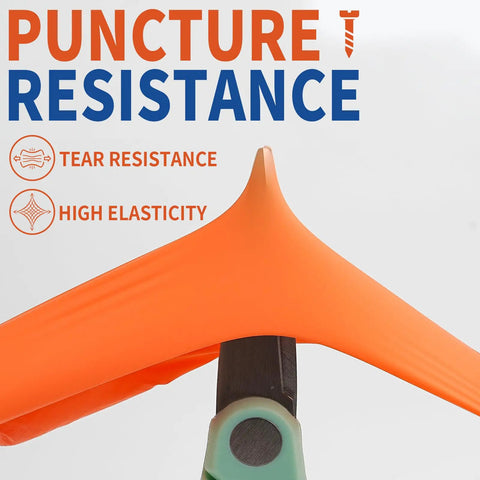 Heavy Duty Nitrile Disposable Gloves In Bright Orange Boasting Tough As Nails Tear Resistance And A Slick Comfort Fit Built For Kitchen Chores Auto Detailing And Garage Grind 100 Pack Box showcasing puncture resistance features.
